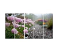 islandburner Cuadro sobre lienzo Tulipanes rosas bajo la lluvia a lo largo de un camino de grava para los amantes del jardín - 5 piezas XXL