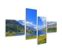 islandburner Cuadro sobre lienzo Un paisaje pintoresco con montañas, un lago y una torre histórica - 4 piezas - Edición Q1