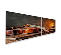 islandburner Cuadro sobre lienzo Violín elegante en mesa de madera antigua con luz de vela - 2 piezas