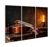 islandburner Cuadro sobre lienzo Violín elegante en mesa de madera antigua con luz de vela - 3 piezas