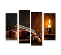islandburner Cuadro sobre lienzo Violín elegante en mesa de madera antigua con luz de vela - 4 piezas