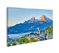 islandburner Cuadro sobre lienzo vista montaña paisaje alpino con ciudad en primer plano bajo cielo matutino cuadros murales 100 x 57 cm