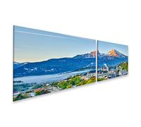 islandburner Cuadro sobre lienzo vista montaña paisaje alpino con ciudad en primer plano bajo cielo matutino cuadros murales 160 x 40 cm