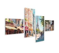 islandburner Cuadro sobre lienzo Viva escena calle París con Torre Eiffel como mural - 4 piezas - Edición J1