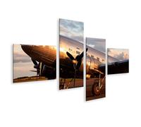 islandburner Douglas DC-3 - Cuadro sobre lienzo (4 piezas, edición I1), diseño de avión histórico en un campo de avión al atardecer