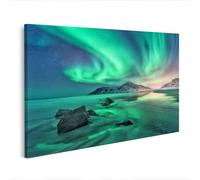 islandburner Imagen sobre lienzo Aurora boreal sobre una costa con rocas y montañas Cuadros Murales 80 x 40 cm