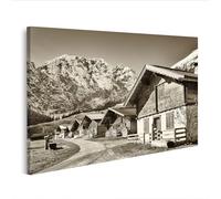 islandburner Imagen sobre lienzo casa de pueblo con paisaje alpino en fondo en blanco y negro cuadros murales 100 x 57 cm