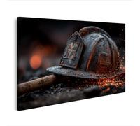 islandburner Imagen sobre lienzo casco de bombero con hacha y chispas brillantes sobre fondo oscuro - Edición U1