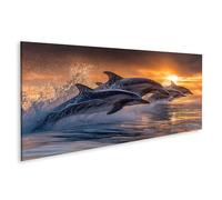 islandburner Imagen sobre lienzo Delfines en el salto antes del atardecer - Mural para amantes de los animales - Panorama