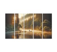 islandburner Imagen sobre lienzo Escena de pesca temprano en la mañana con un pescador que se encuentra en medio de un río brumoso imágenes murales Póster