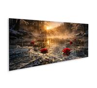 islandburner Imagen sobre lienzo Escena mística de un estanque forestal helado con pétalos de rosa - Panorama