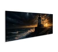 islandburner Imagen sobre lienzo Faro en acantilado al atardecer - Mural para la atmósfera marítima - Panorama