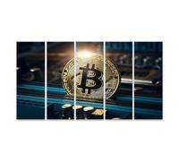 islandburner Imagen sobre lienzo Moneda Bitcoin dorada en placa galardonada brillante cuadros murales 160 x 80 cm