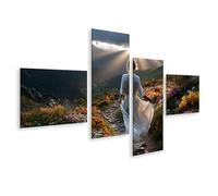 islandburner Imagen sobre lienzo Mujer en vestido blanco en sendero pintoresco con flores - 4 piezas - Edición E1