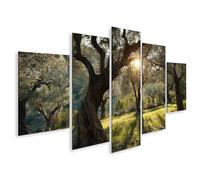 islandburner Imagen sobre lienzo Olivos crecidos a la luz del sol sobre hierba verde - 5 piezas