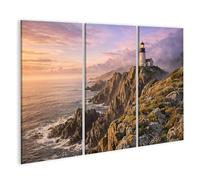 islandburner Imagen sobre lienzo Pintoresco faro en acantilado con plantas con flores - 3 piezas