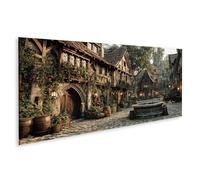 islandburner Imagen sobre lienzo Plaza del pueblo medieval con fuentes de piedra y casas históricas - Panorama