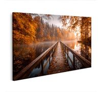 islandburner Imagen sobre lienzo Puente de madera otoñal sobre lago tranquilo en la niebla - Edición O1