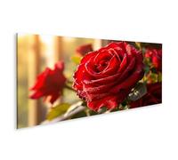 islandburner Imagen sobre lienzo Rosa roja de cerca en luz cálida para decoración romántica - Panorama