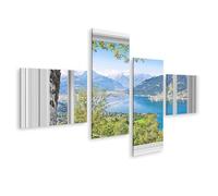 islandburner Imagen sobre lienzo Vista Del Lago A Través De Ventana Abierta En Alpes Paisaje Imágenes Murales 150 x 80 cm