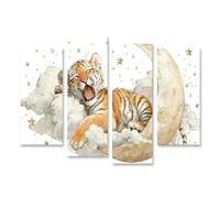 islandburner Mural sobre lienzo, diseño de tigre en la nube con luna y estrellas, 4 piezas