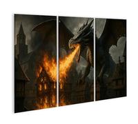 islandburner Mural sobre lienzo majestuoso dragón en llamas sobre ciudad medieval - 3 piezas