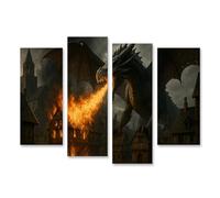 islandburner Mural sobre lienzo majestuoso dragón en llamas sobre ciudad medieval - 4 piezas