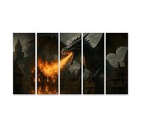 islandburner Mural sobre lienzo Majestuoso Dragón en llamas sobre ciudad medieval - 5 piezas XXL