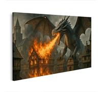 islandburner Mural sobre lienzo Majestuoso Dragón en llamas sobre ciudad medieval - Edición H1