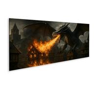 islandburner Mural sobre lienzo Majestuoso Dragón en llamas sobre ciudad medieval - Panorama