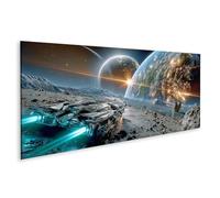islandburner Mural sobre lienzo Nave espacial futurista en planeta alienígena con sistema de doble estrella - panorámica