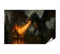 islandburner Póster Majestuoso Dragón en Llamas sobre Ciudad Medieval - Estándar