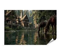 islandburner Póster premium de caballos en el río claro en el bosque - Mural para amantes de la naturaleza - Estándar