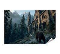islandburner Póster premium de oso en bosque brumoso con iglesia medieval - gran formato
