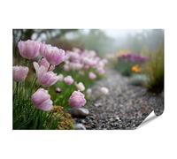 islandburner Póster premium de tulipanes rosas bajo la lluvia a lo largo de un camino de grava para los amantes del jardín - gran formato
