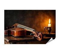 islandburner Póster premium elegante violín sobre mesa de madera antigua con luz de velas - gran formato