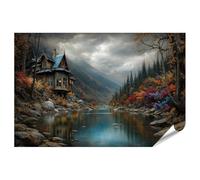 islandburner Póster premium pintoresca casa de madera en el río en otoño - Mural para amantes de la naturaleza - Estándar