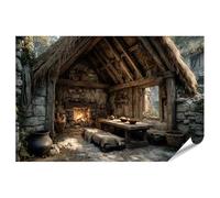 islandburner Póster premium rústico de una casa de campo medieval con techo de paja - gran formato