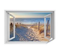 islandburner Póster XXL con ventana abierta con vistas al mar y camino de arena en primer plano, imágenes de alta calidad, 90 x 60 cm