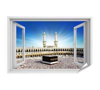 islandburner Póster XXL de La Meca con vista desde una ventana abierta a la Kaaba en el centro de la mezquita, 130 x 90 cm