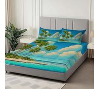 Islas Tropicales Cielo Río Sábana Bajeras Ajustables, Microfibra Sábana Bajera 135 x 190 cm, Azul Juego de Ropa de Cama Adecuada para Un Colchón con Una Altura de 30cm con Funda de Almohada
