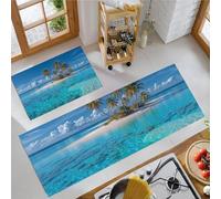Islas Tropicales Juego de 2 tapetes de Cocina, Palmeral Cocoteros Playa Poco Profunda Arrecife Coral Tapetes y felpudos Interiores para baño, Verde Juego de alfombras de Cocina, 50x80+50x120cm