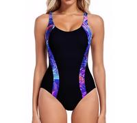 iSLASISIA Traje de baño de una pieza para mujer, atlético, negro, espalda cruzada, traje de baño deportivo modesto, traje de baño moldeador del cuerpo, Df, 44