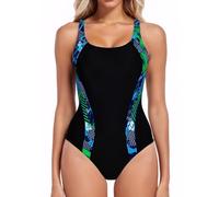 iSLASISIA Traje de baño de una pieza para mujer, atlético, negro, espalda cruzada, traje de baño deportivo modesto, traje de baño moldeador del cuerpo, Gd, 46