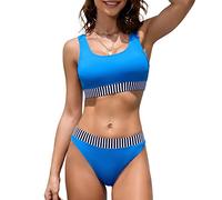 iSLASISIA Trajes de baño Deportivos para Mujer Bikini Acanalado con Top Corto de Dos Piezas con Parte Inferior atrevida(Azul Zafiro y Rayas,EU42)