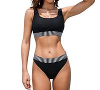 iSLASISIA Trajes de baño Deportivos para Mujer Bikini Acanalado con Top Corto de Dos Piezas con Parte Inferior atrevida(Rayas Negras,EU42)