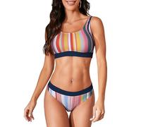 iSLASISIA Trajes de baño Deportivos para Mujer Bikini Acanalado con Top Corto de Dos Piezas con Parte Inferior atrevida（Rayas de Colores,EU36）