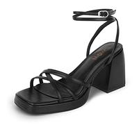 ISNOM Tacones de plataforma negra para mujer, sandalias de tacón con cordones y correa al tobillo, puntera abierta cuadrada para boda, trabajo, fiesta, vestido, negro mate, 37 EU