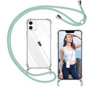 ISOI - Funda con Cuerda para iPhone 12, Colgante Ajustable Collar Correa de Cuello Cadena, Carcasa Transparente Cordón Suave TPU Silicona, con Parachoques de Airbag a Prueba de Golpes- Verde