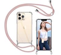 ISOI - Funda Cuerda para iPhone 13 Pro MAX, Colgante Collar Correa de Cuello Cadena, Carcasa Transparente Cordón Suave TPU Silicona, Parachoques de Airbag a Prueba de Golpes- Rosa
